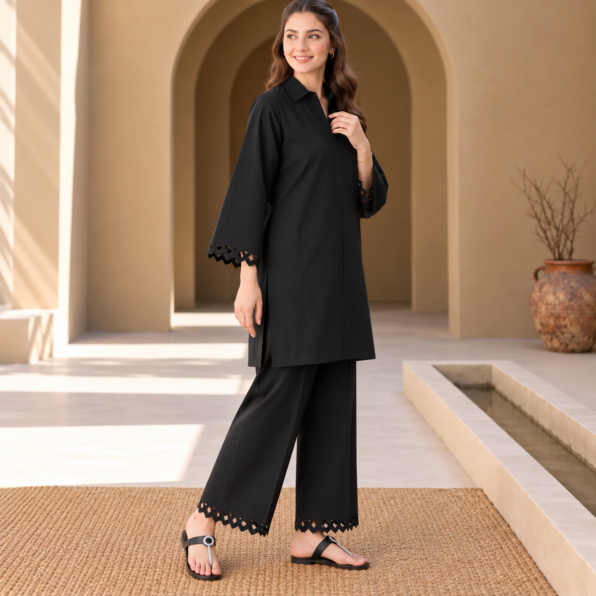 Black Aura Khaddar Co-Ord Set for Women | SoftStitch
