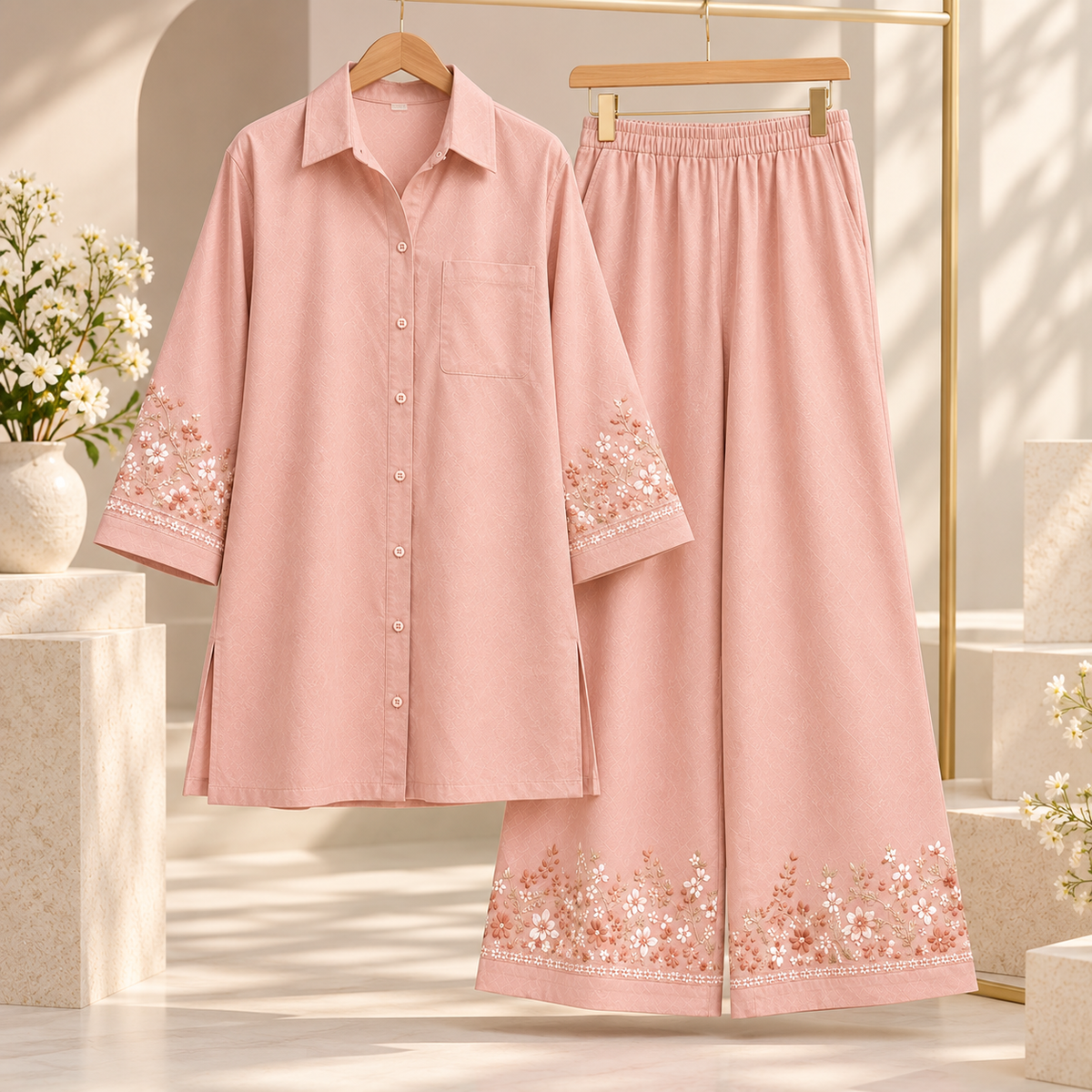 Blush Beige Embroidered Co Ord Set for Women | SoftStitch