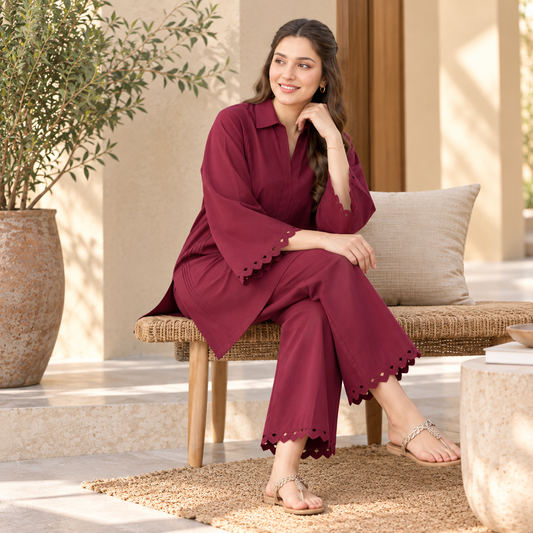 Burgundy Charm Khaddar Co-Ord Set for Women | SoftStitch