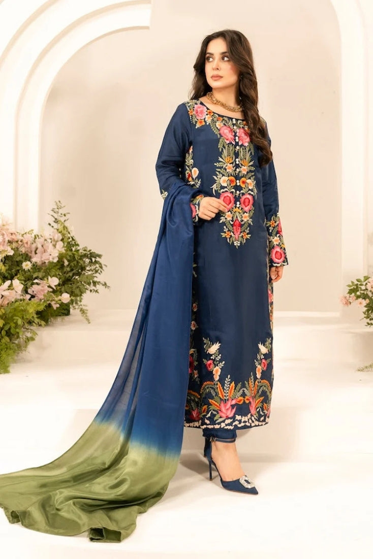 MIRANA-3PC LAWN EMBROIDERED SHIRT WITH CHIFFON TYE & DYE DUPATTA & TROUSER