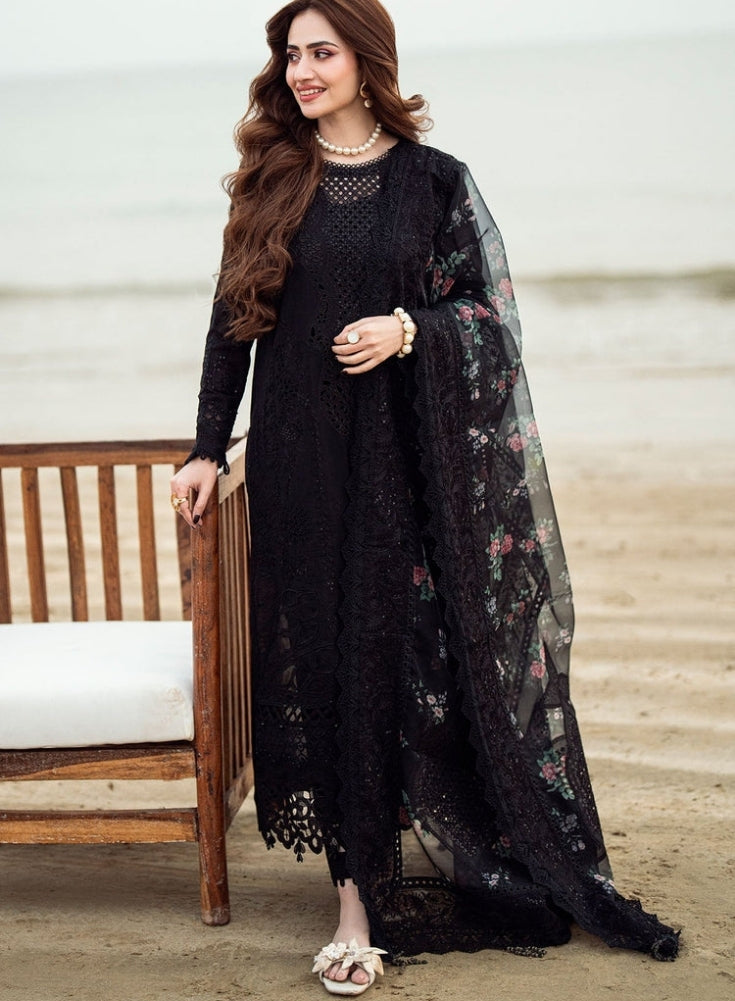 NUREH-3PC Black LAWN CHIKENKARI LASER EMBROIDERED SHIRT WITH COTTON NET EMBROIDERED PRINT DUPATTA