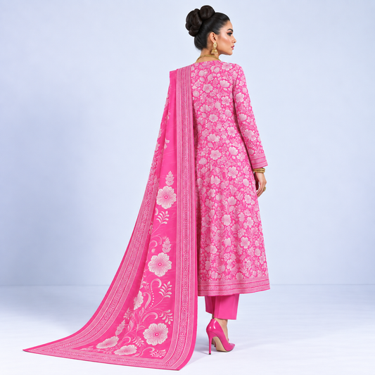 Pink Floral Viscose Jacquard 3-Piece Unstitched Suit