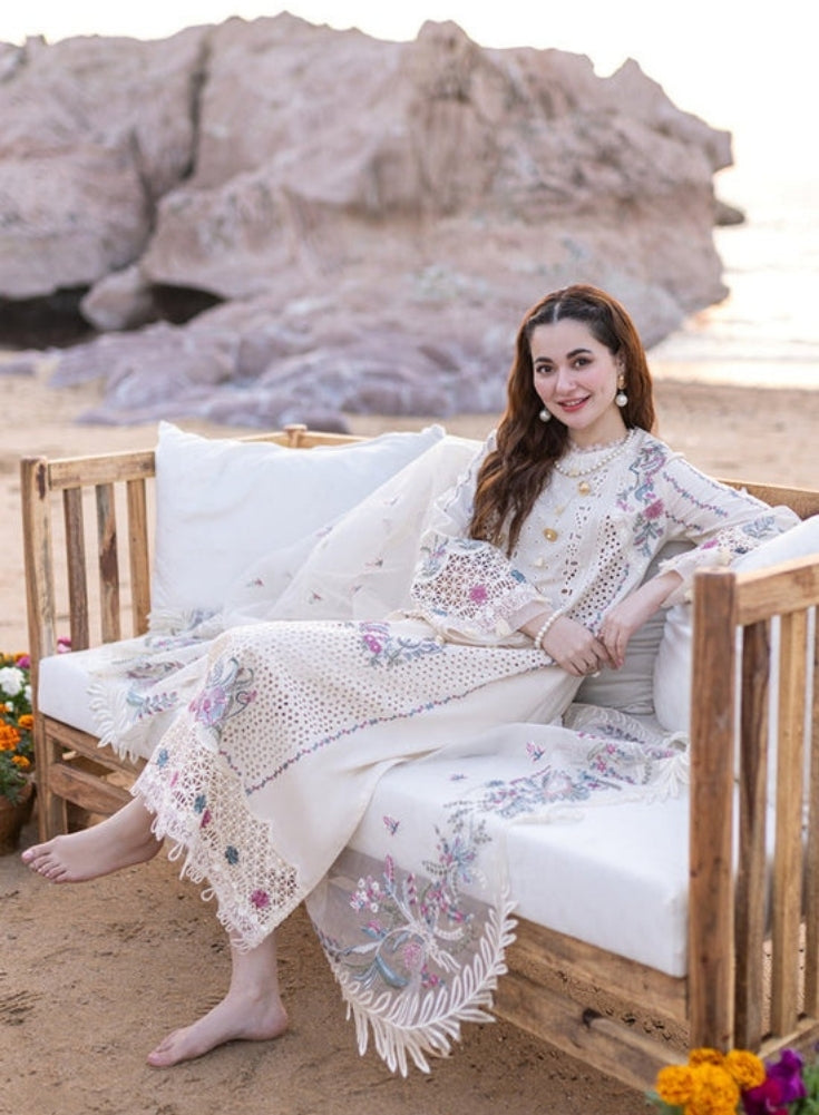 QALAMQAR-3PC White CHIKANKARI LAWN EMBROIDERED WITH ORGANZA EMBROIDERED DUPATTA & TROUSER