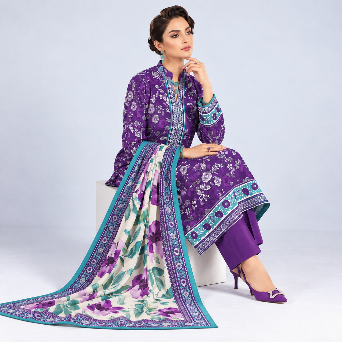 Royal Purple Viscose Jacquard 3-Piece Unstitched Suit