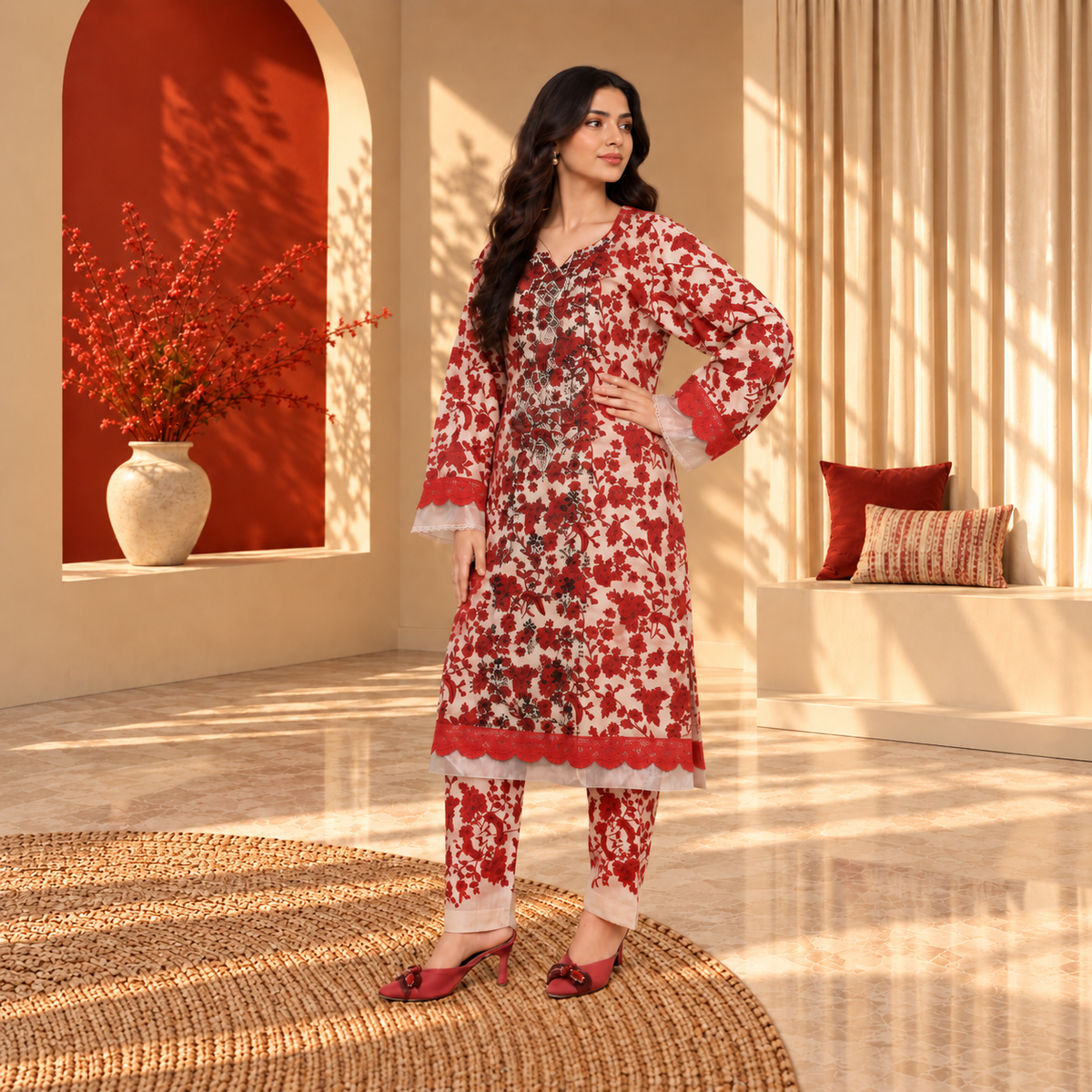 Ruby Rose Khaddar 3-Piece Printed Co-Ord Set for Women | SoftStitch