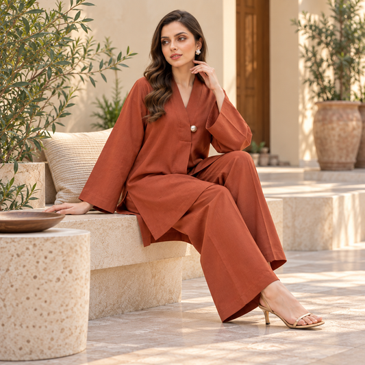 Rust Elegance 2-Piece Co-Ord Set for Women | SoftStitch