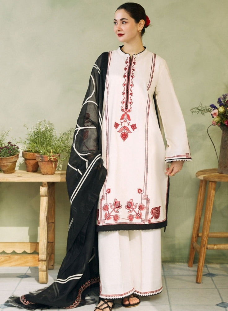 ZAHRA SHAHJAHAN- 3PC Black and White LAWN EMBROIDERED SHIRT WITH DIAMOND PRINTED DUPATTA