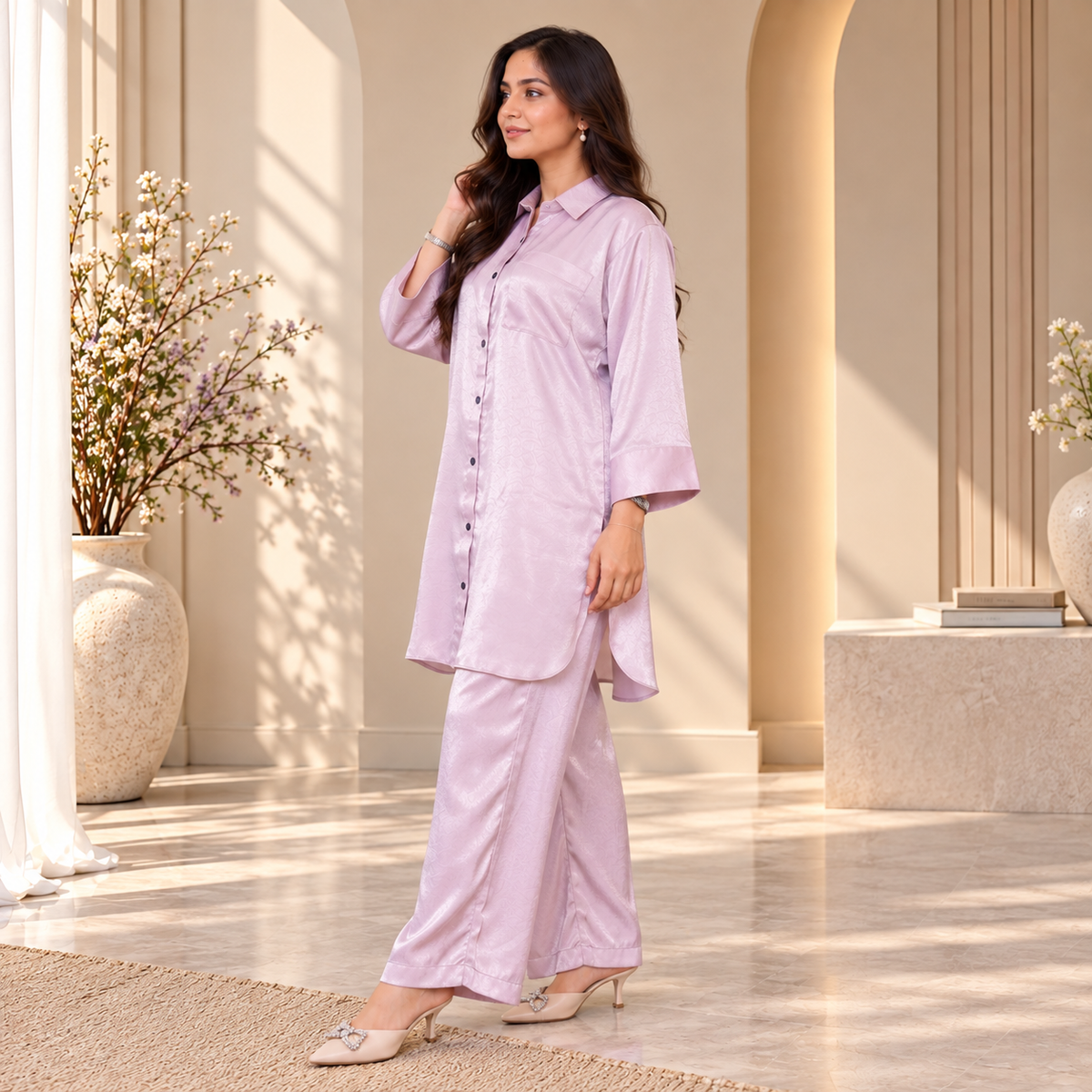 Lilac Silk 2-Piece Co-Ord Set for Women | SoftStitch