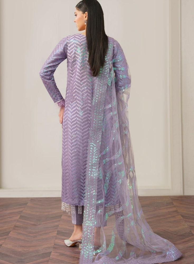 BAROUQE- Purple ORGANZA 3PC Lavender SEQUENCE EMBROIDERED SHIRT WITH ORGANZA SEQUENCE EMBROIDERED DUPATTA WITH SILK TROUSER