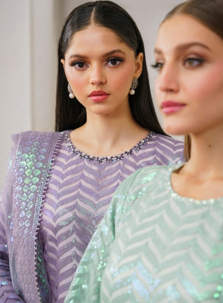 BAROUQE- Purple ORGANZA 3PC Lavender SEQUENCE EMBROIDERED SHIRT WITH ORGANZA SEQUENCE EMBROIDERED DUPATTA WITH SILK TROUSER