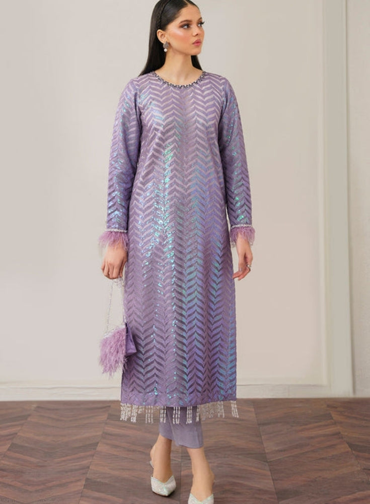 BAROUQE- Purple ORGANZA 3PC Lavender SEQUENCE EMBROIDERED SHIRT WITH ORGANZA SEQUENCE EMBROIDERED DUPATTA WITH SILK TROUSER