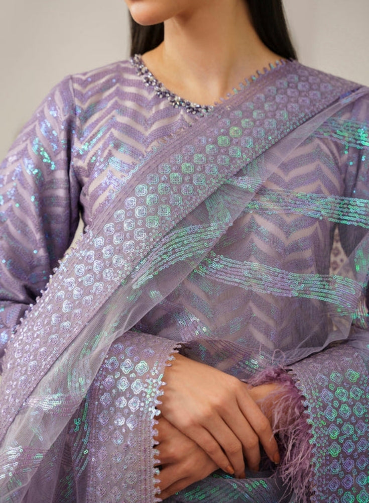BAROUQE- Purple ORGANZA 3PC Lavender SEQUENCE EMBROIDERED SHIRT WITH ORGANZA SEQUENCE EMBROIDERED DUPATTA WITH SILK TROUSER