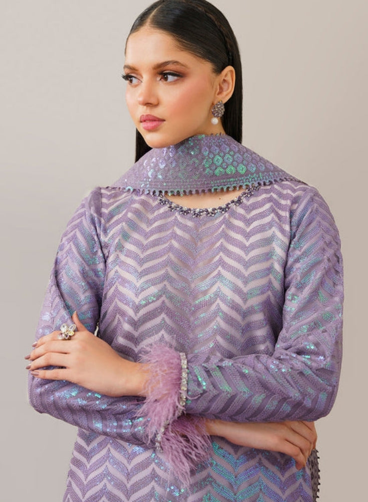 BAROUQE- Purple ORGANZA 3PC Lavender SEQUENCE EMBROIDERED SHIRT WITH ORGANZA SEQUENCE EMBROIDERED DUPATTA WITH SILK TROUSER