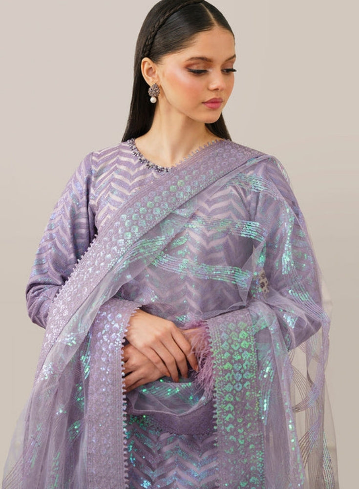 BAROUQE- Purple ORGANZA 3PC Lavender SEQUENCE EMBROIDERED SHIRT WITH ORGANZA SEQUENCE EMBROIDERED DUPATTA WITH SILK TROUSER