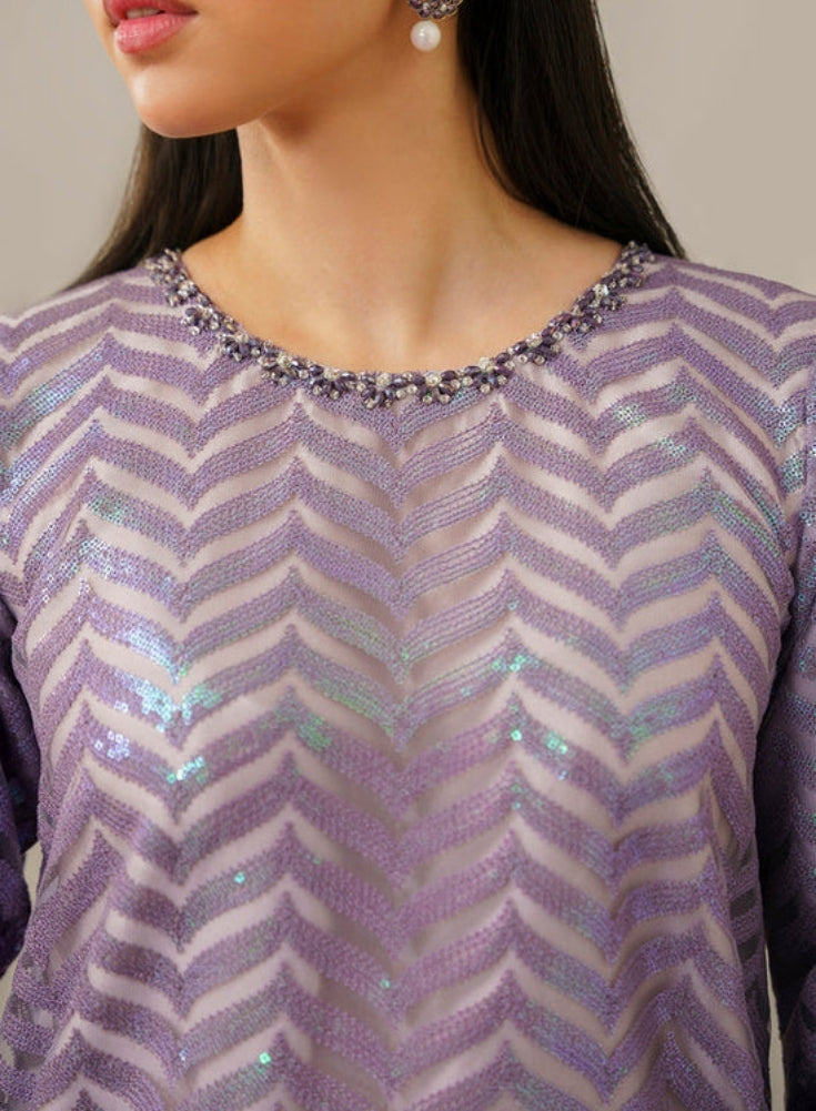 BAROUQE- Purple ORGANZA 3PC Lavender SEQUENCE EMBROIDERED SHIRT WITH ORGANZA SEQUENCE EMBROIDERED DUPATTA WITH SILK TROUSER