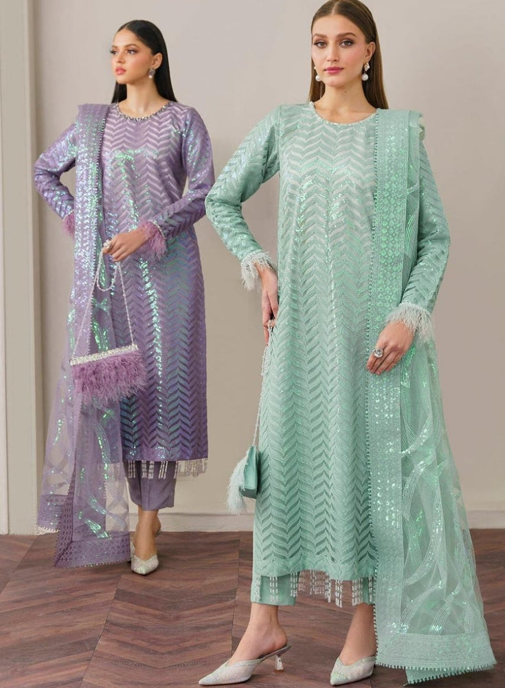 BAROUQE- Purple ORGANZA 3PC Lavender SEQUENCE EMBROIDERED SHIRT WITH ORGANZA SEQUENCE EMBROIDERED DUPATTA WITH SILK TROUSER