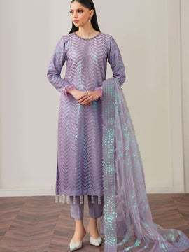 BAROUQE- Purple ORGANZA 3PC Lavender SEQUENCE EMBROIDERED SHIRT WITH ORGANZA SEQUENCE EMBROIDERED DUPATTA WITH SILK TROUSER