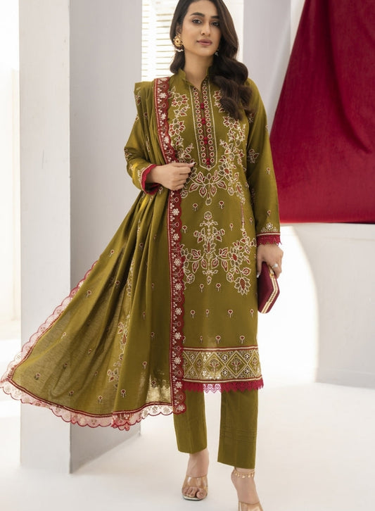 SoftStitch - 3PC Mehandi LAWN EMBROIDERED SHIRT WITH LAWN EMBROIDERED READY TO WEAR DUPATTA