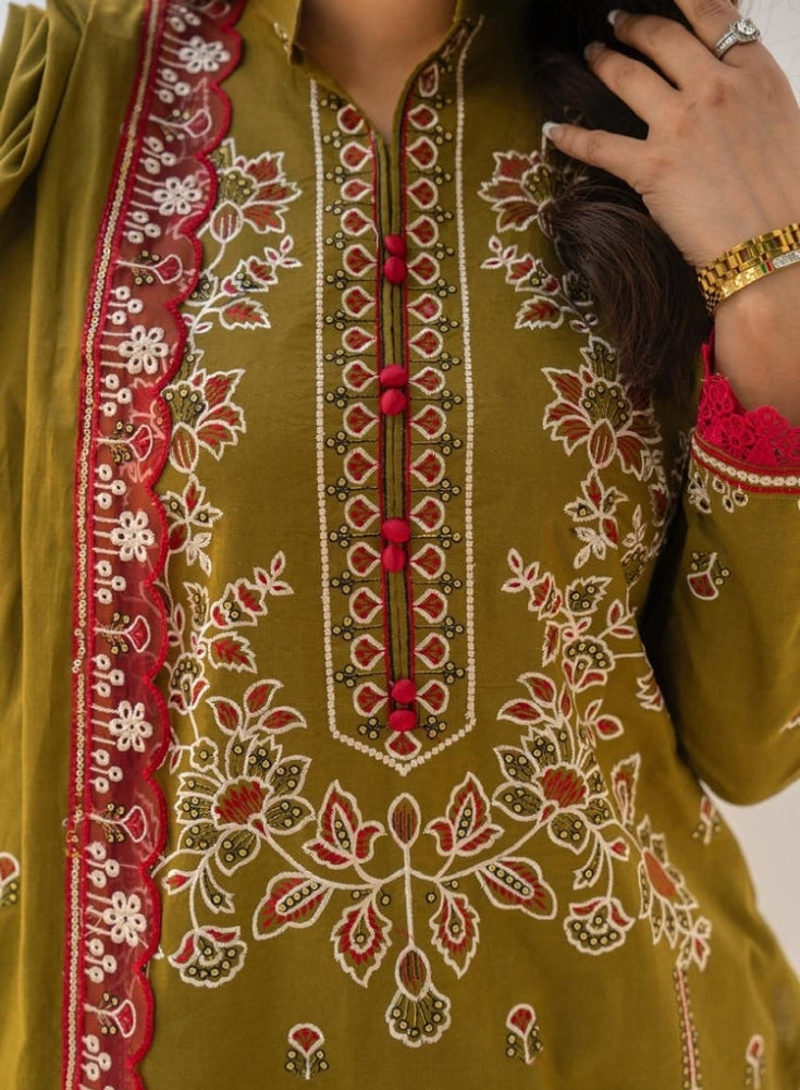 SoftStitch - 3PC Mehandi LAWN EMBROIDERED SHIRT WITH LAWN EMBROIDERED READY TO WEAR DUPATTA