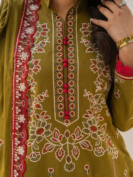 SoftStitch - 3PC Mehandi LAWN EMBROIDERED SHIRT WITH LAWN EMBROIDERED READY TO WEAR DUPATTA