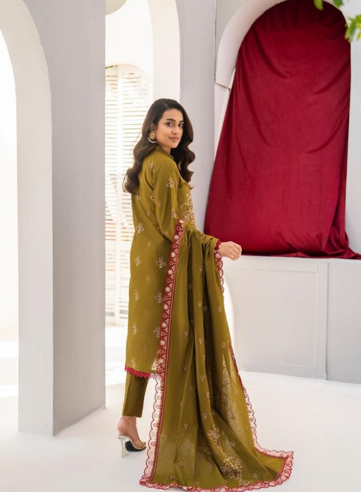 SoftStitch - 3PC Mehandi LAWN EMBROIDERED SHIRT WITH LAWN EMBROIDERED READY TO WEAR DUPATTA