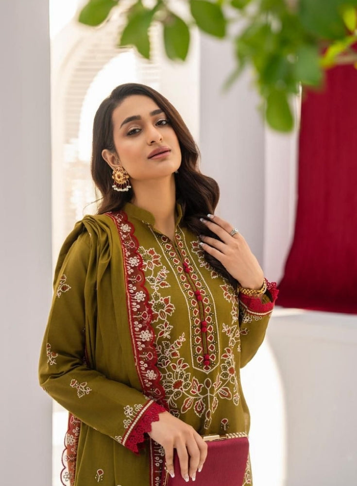 SoftStitch - 3PC Mehandi LAWN EMBROIDERED SHIRT WITH LAWN EMBROIDERED READY TO WEAR DUPATTA