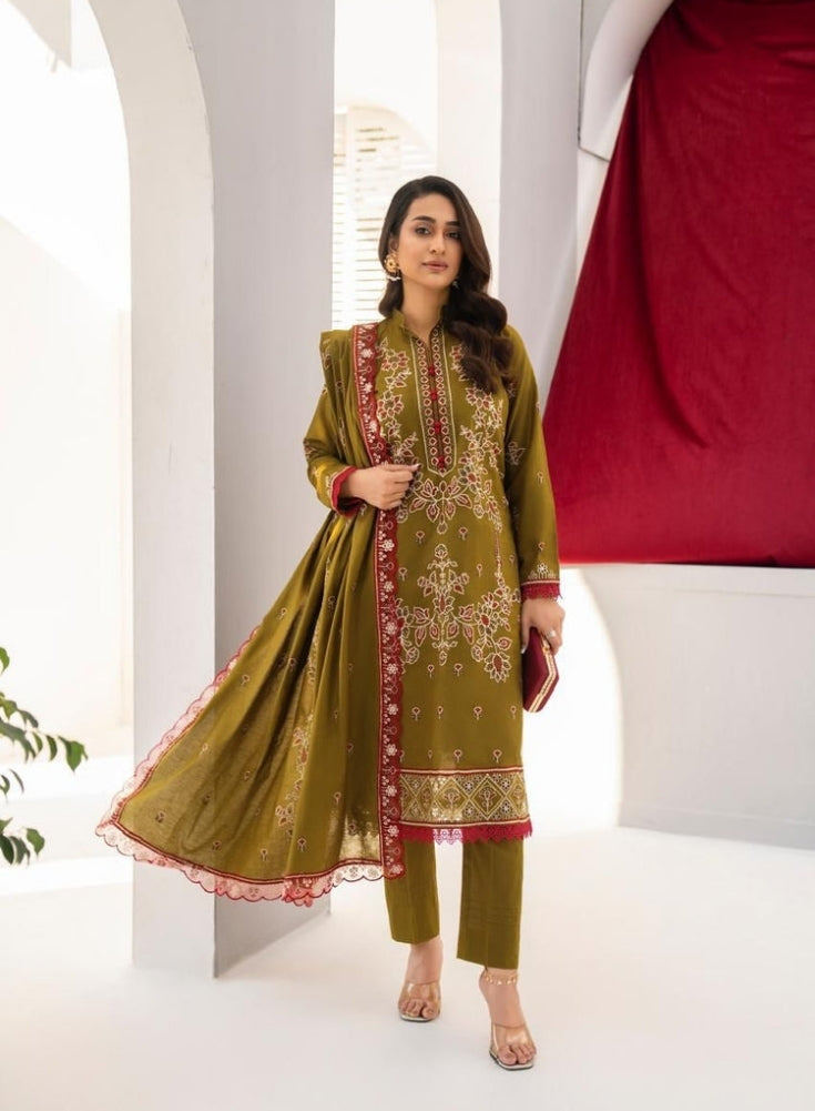 SoftStitch - 3PC Mehandi LAWN EMBROIDERED SHIRT WITH LAWN EMBROIDERED READY TO WEAR DUPATTA