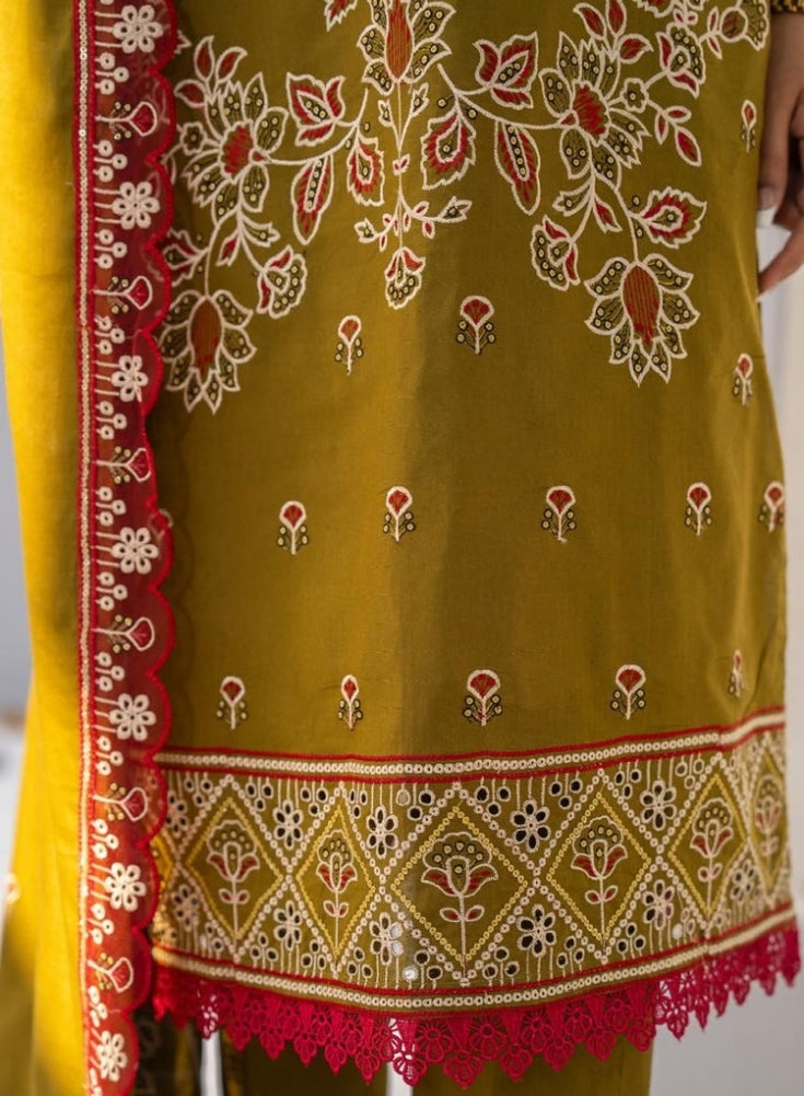 SoftStitch - 3PC Mehandi LAWN EMBROIDERED SHIRT WITH LAWN EMBROIDERED READY TO WEAR DUPATTA
