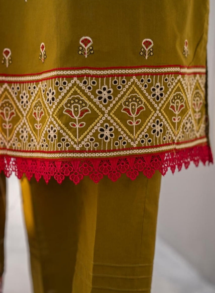 SoftStitch - 3PC Mehandi LAWN EMBROIDERED SHIRT WITH LAWN EMBROIDERED READY TO WEAR DUPATTA