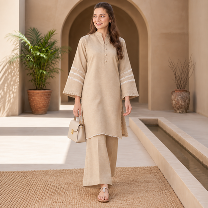 Beige Whisper Khaddar Co-Ord Set for Women | SoftStitch