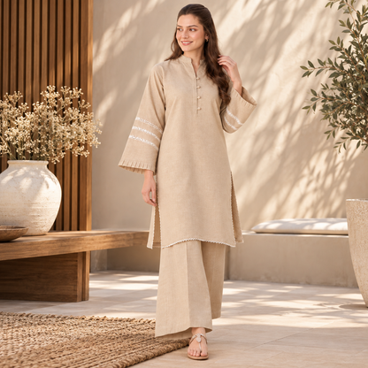 Beige Whisper Khaddar Co-Ord Set for Women | SoftStitch