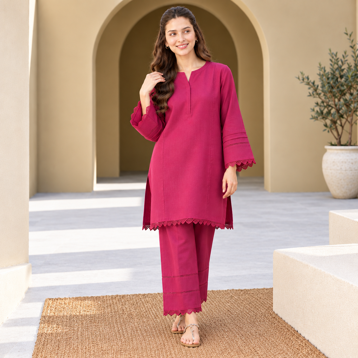 Berry Rose Khaddar Co-Ord Set for Women | SoftStitch