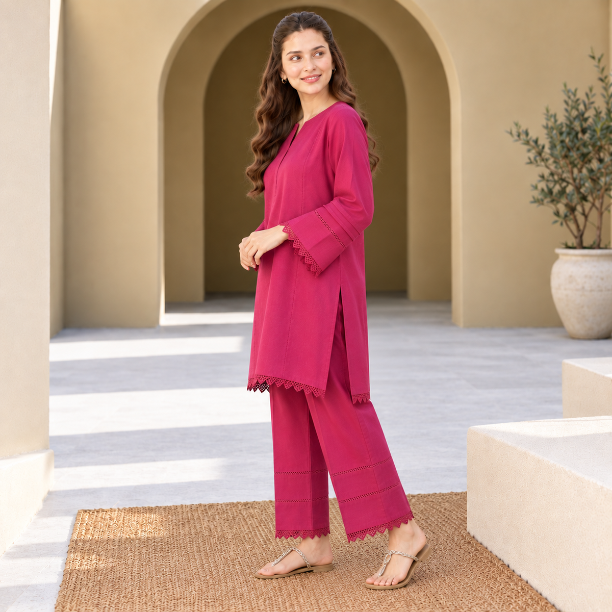 Berry Rose Khaddar Co-Ord Set for Women | SoftStitch