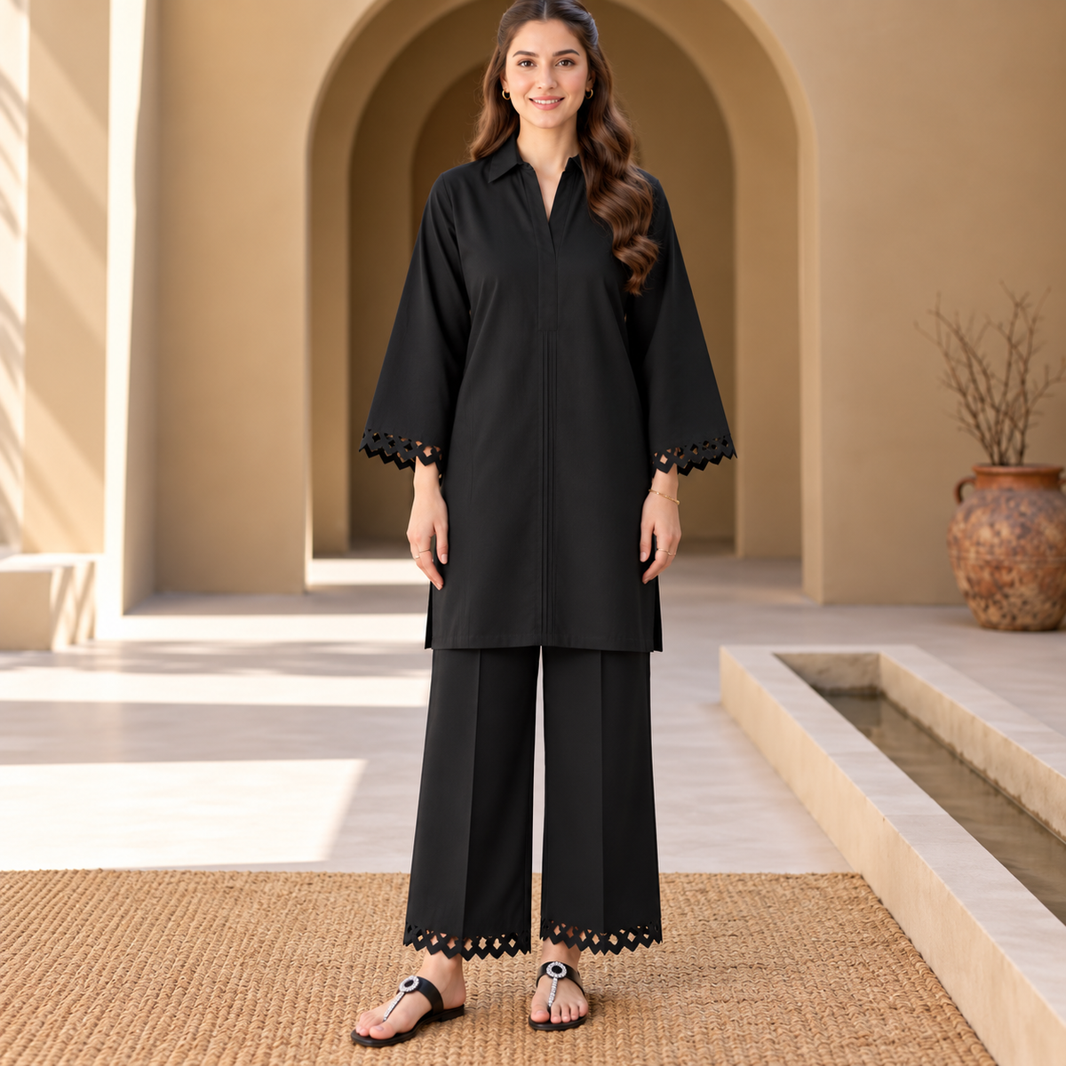 Black Aura Khaddar Co-Ord Set for Women | SoftStitch