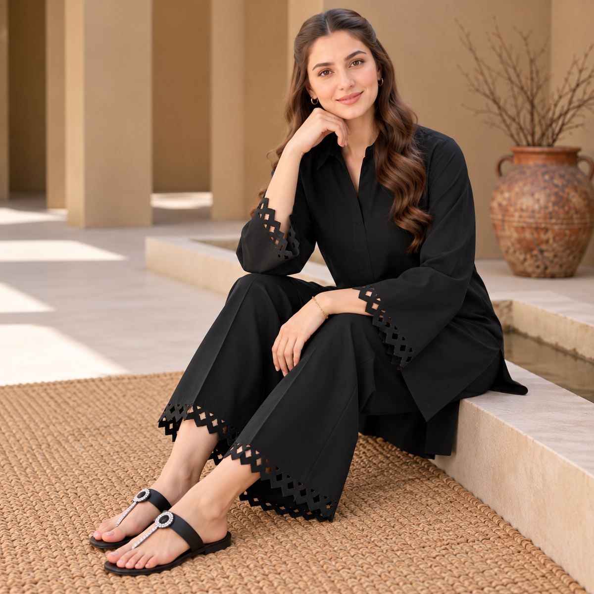 Black Aura Khaddar Co-Ord Set for Women | SoftStitch