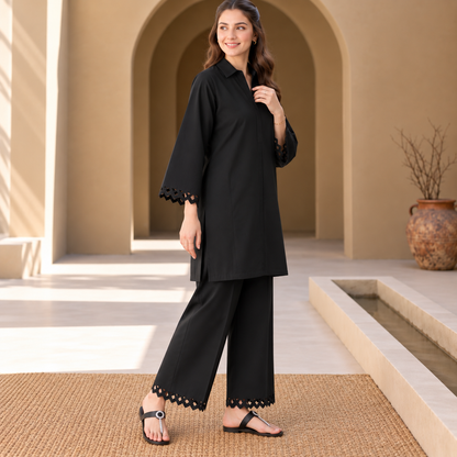 Black Aura Khaddar Co-Ord Set for Women | SoftStitch