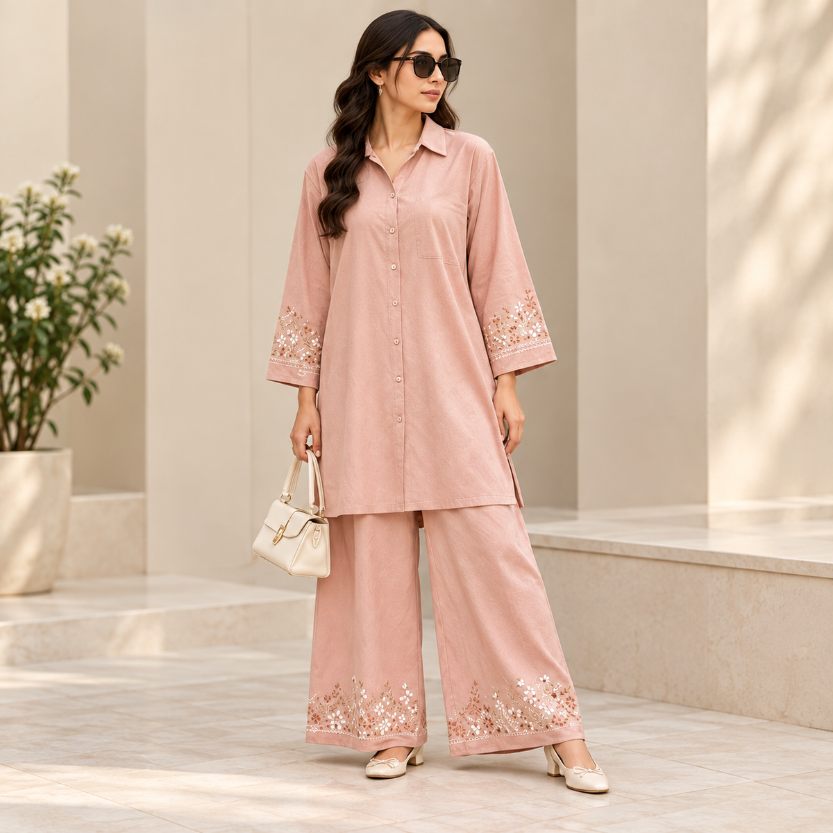 Blush Beige Embroidered Co Ord Set for Women | SoftStitch