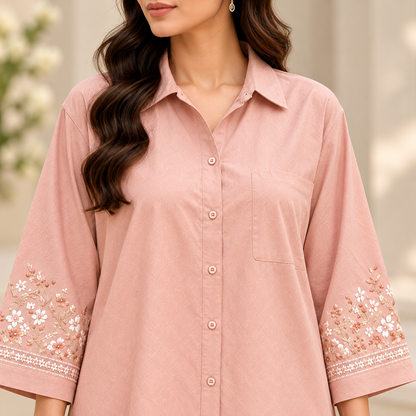 Blush Beige Embroidered Co Ord Set for Women | SoftStitch