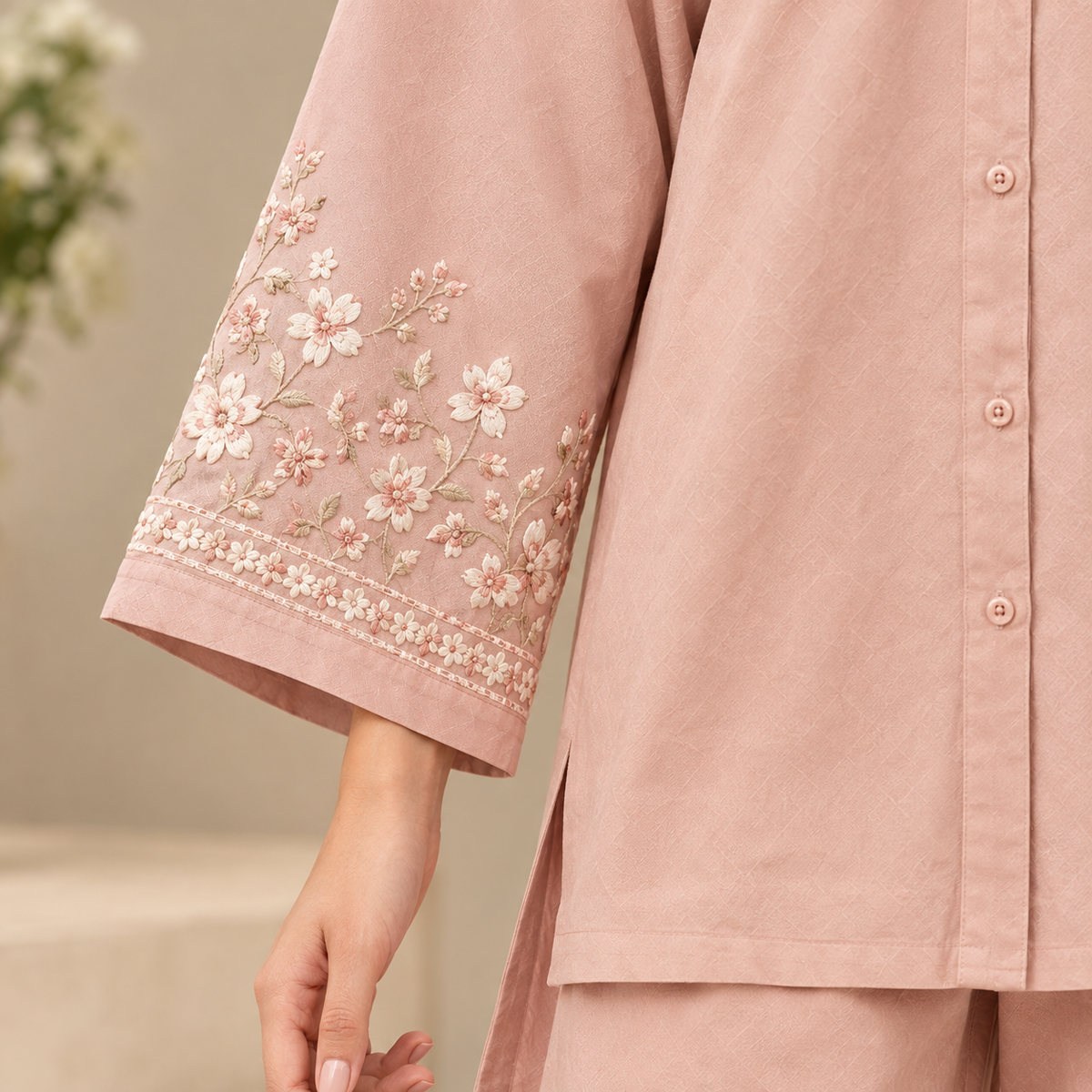 Blush Beige Embroidered Co Ord Set for Women | SoftStitch