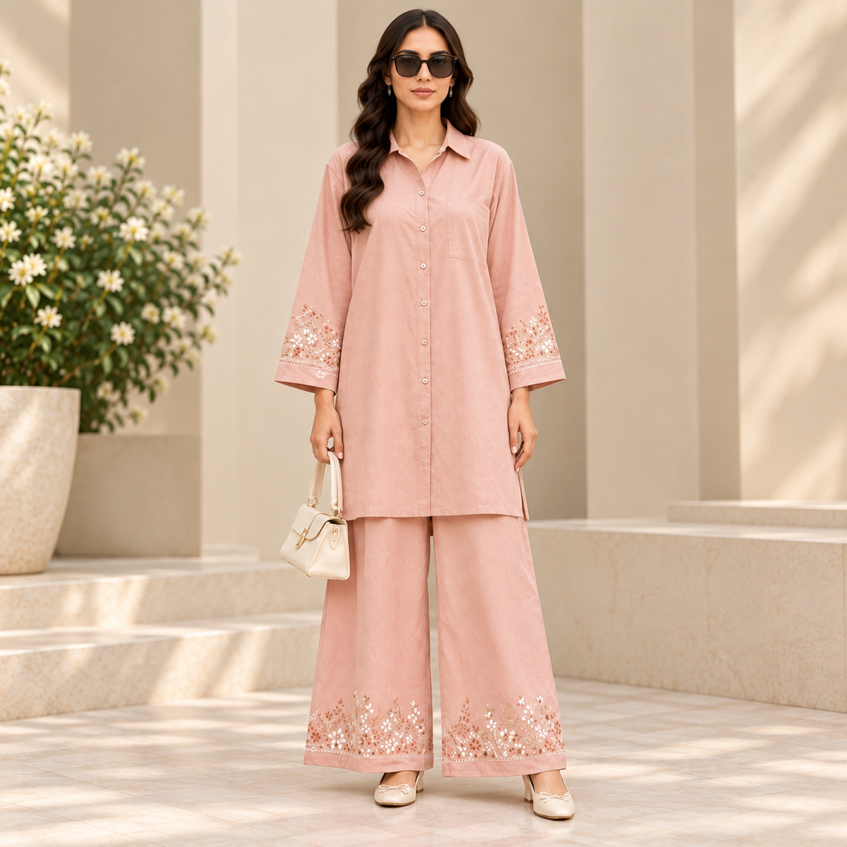 Blush Beige Embroidered Co Ord Set for Women | SoftStitch