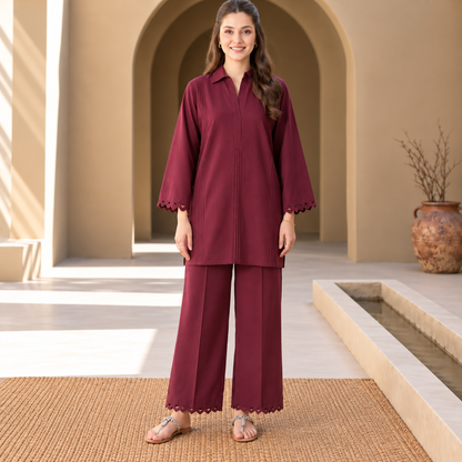 Burgundy Charm Khaddar Co-Ord Set for Women | SoftStitch