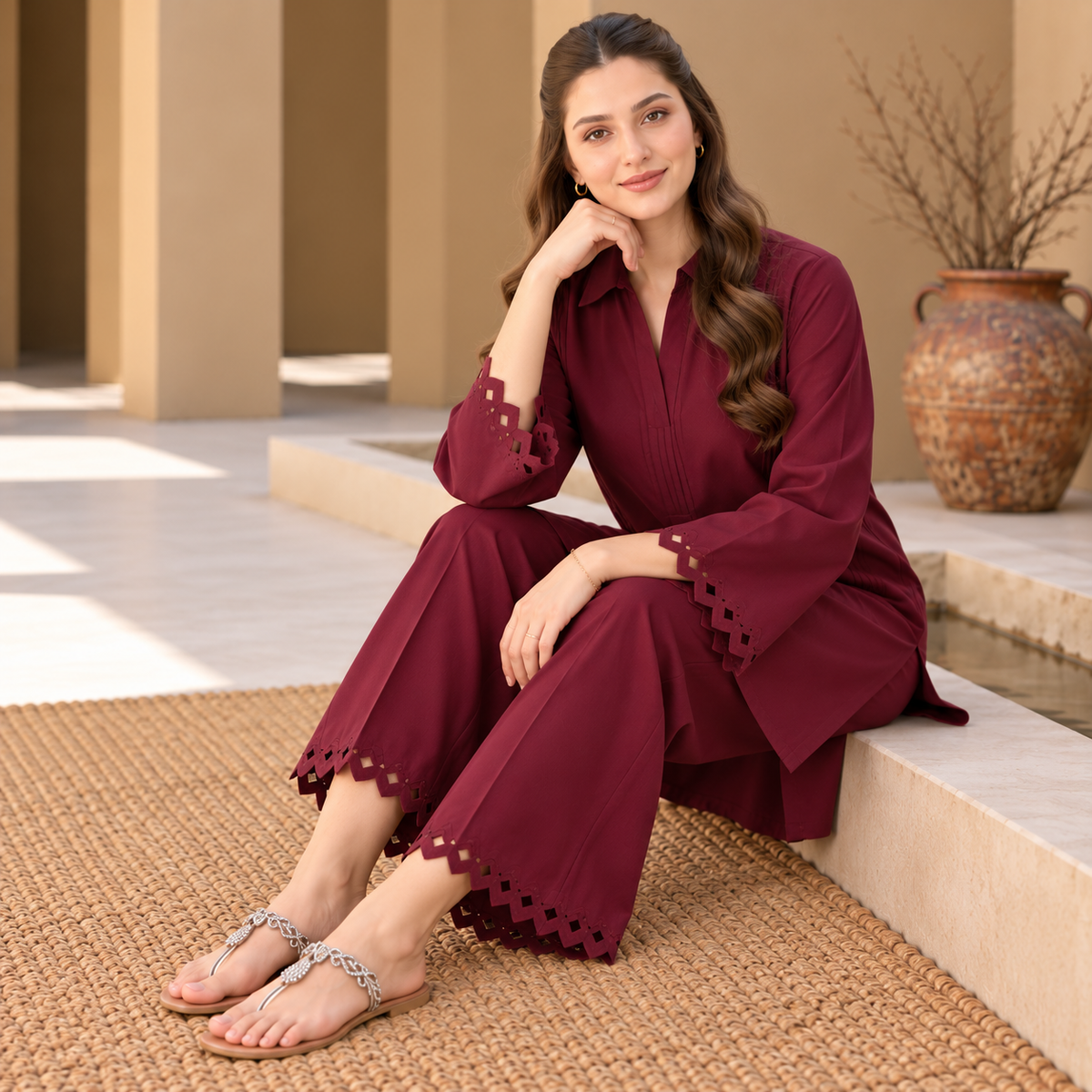 Burgundy Charm Khaddar Co-Ord Set for Women | SoftStitch