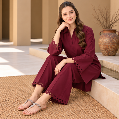 Burgundy Charm Khaddar Co-Ord Set for Women | SoftStitch