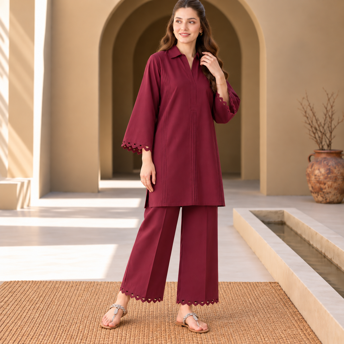 Burgundy Charm Khaddar Co-Ord Set for Women | SoftStitch