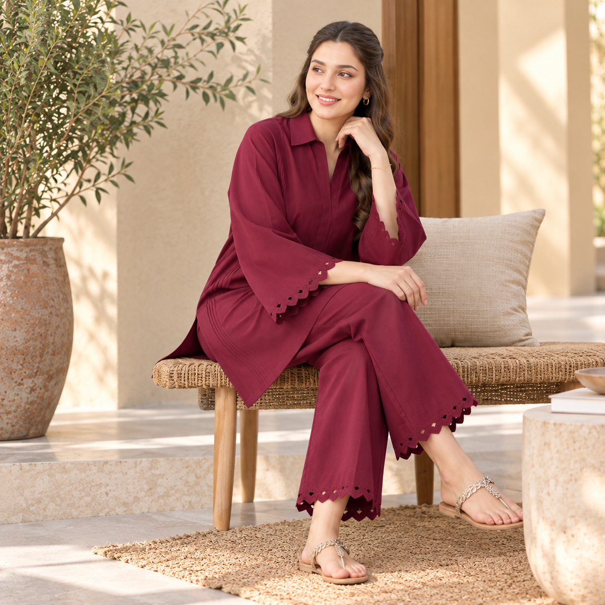 Burgundy Charm Khaddar Co-Ord Set for Women | SoftStitch