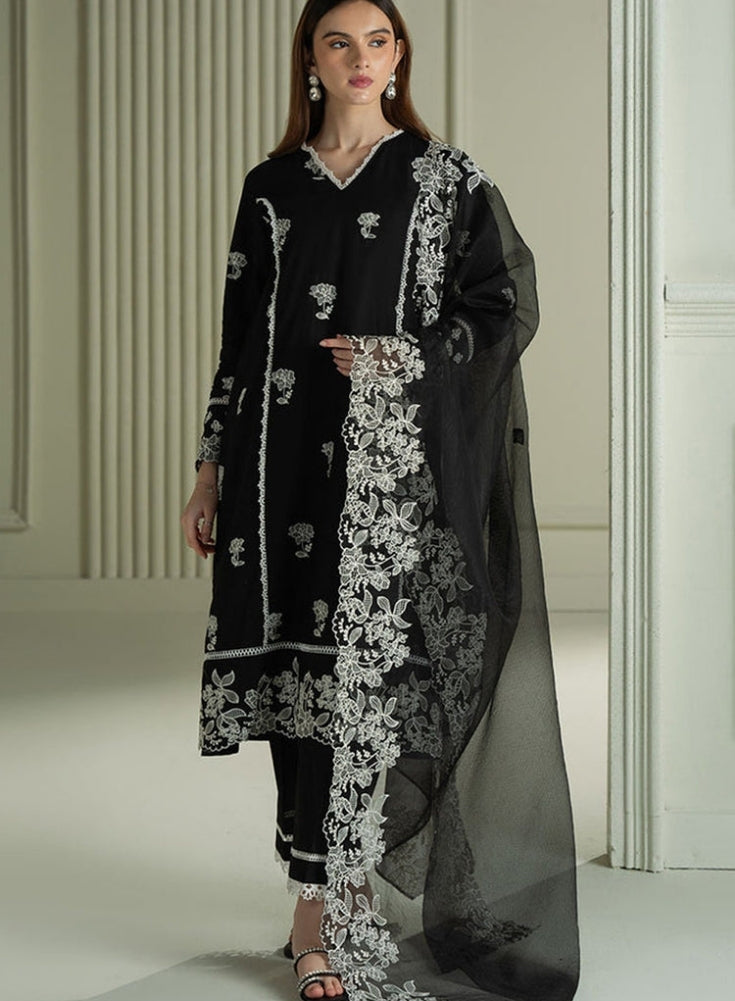CROSS STITCH - 3PC Black LAWN EMBROIDERED SHIRT WITH ORGANZA EMBROIDRERD DUPATTA & TROUSER