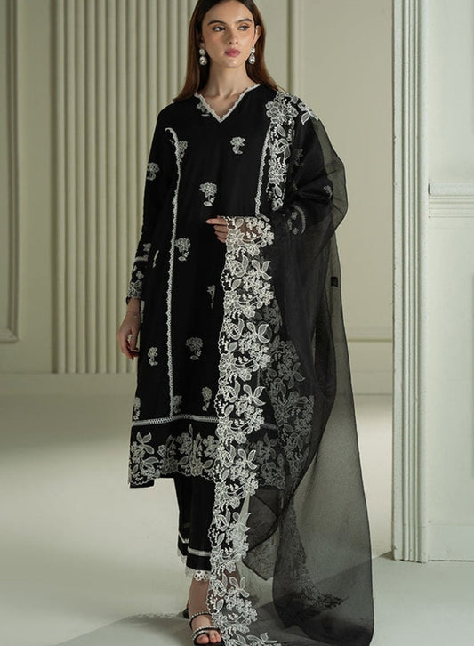 CROSS STITCH - 3PC Black LAWN EMBROIDERED SHIRT WITH ORGANZA EMBROIDRERD DUPATTA & TROUSER