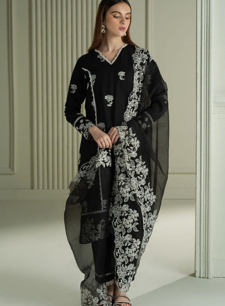 CROSS STITCH - 3PC Black LAWN EMBROIDERED SHIRT WITH ORGANZA EMBROIDRERD DUPATTA & TROUSER
