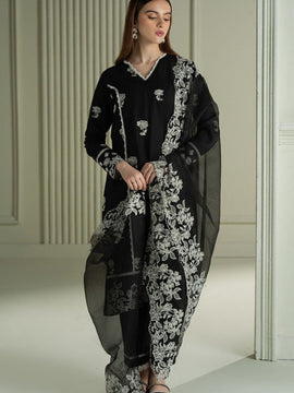 CROSS STITCH - 3PC Black LAWN EMBROIDERED SHIRT WITH ORGANZA EMBROIDRERD DUPATTA & TROUSER