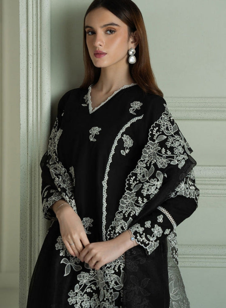 CROSS STITCH - 3PC Black LAWN EMBROIDERED SHIRT WITH ORGANZA EMBROIDRERD DUPATTA & TROUSER